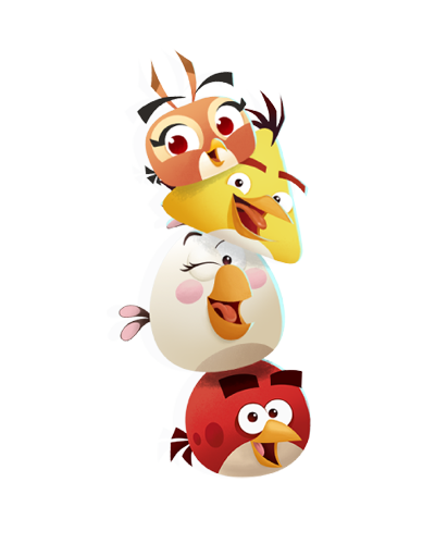 4 cartoon birds stacked on top of each other